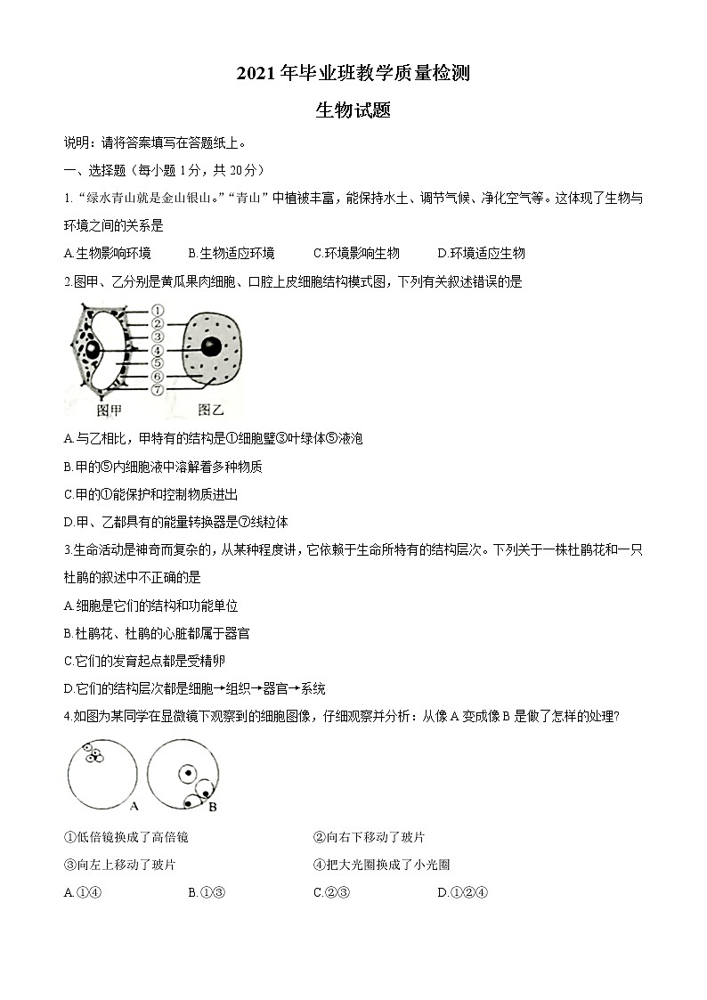 2021年山东省菏泽市曹县中考一模生物试题（word版 含答案）01