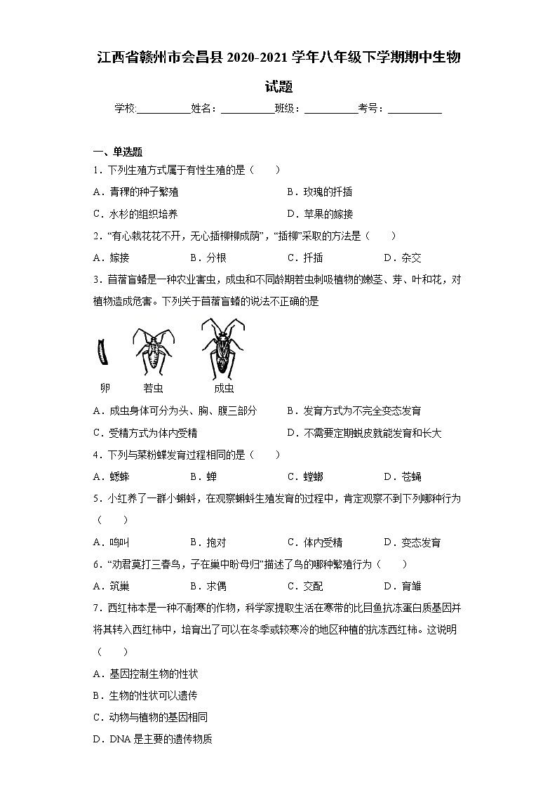 江西省赣州市会昌县2020-2021学年八年级下学期期中生物试题（word版 含答案）01