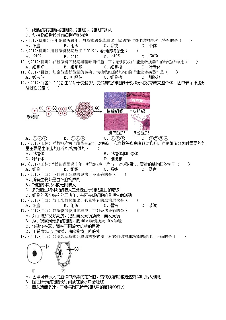 广西2018-2020年中考生物试题分类（1）——生命的结构层次(含解析)02