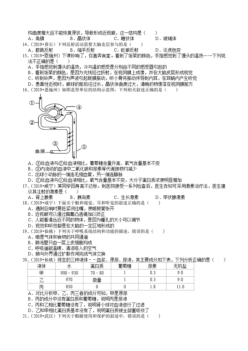 湖北省2018-2020年中考生物试题分类（4）——生物圈中的人(含解析)03