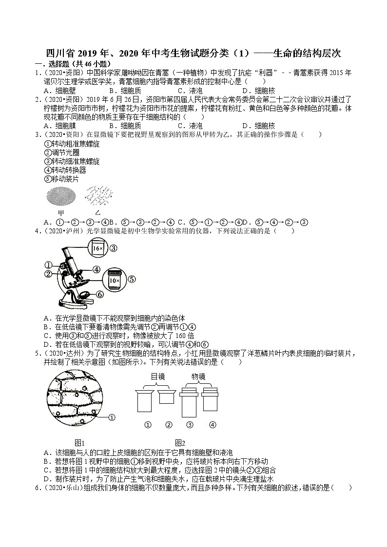 四川省2019年、2020年中考生物试题分类（1）——生命的结构层次(含解析)01
