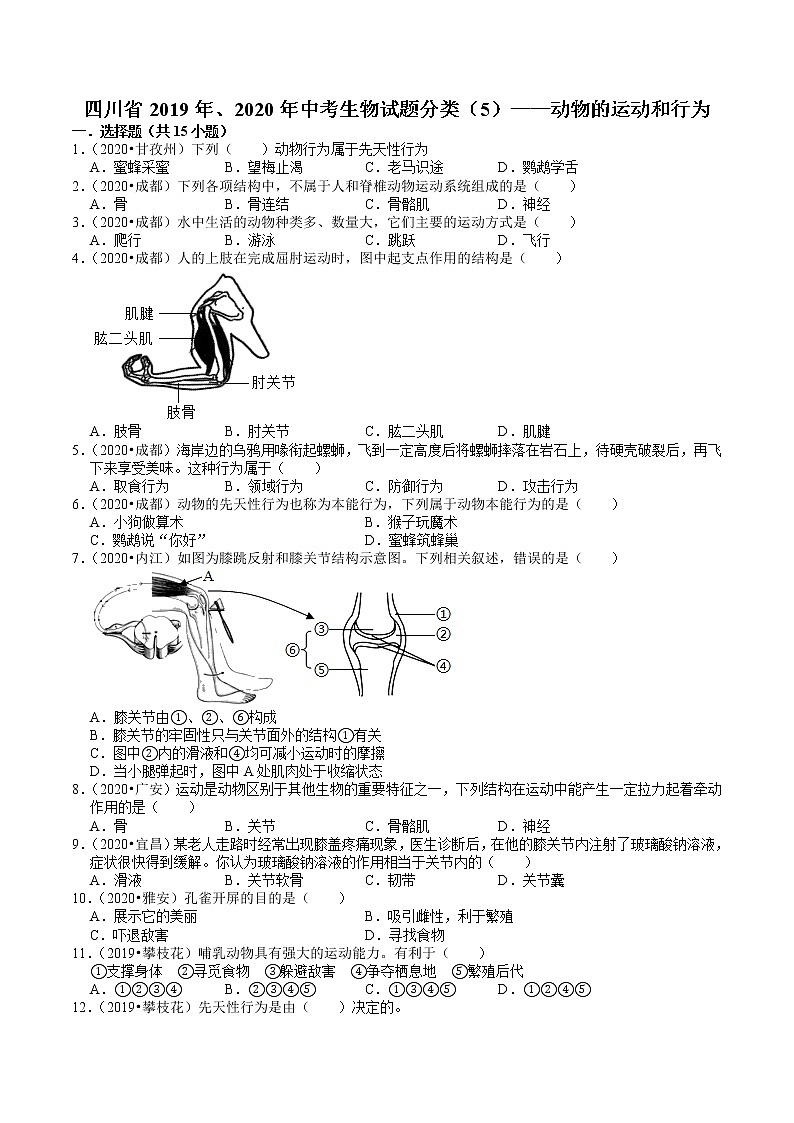 四川省2019年、2020年中考生物试题分类（5）——动物的运动和行为(含解析)01