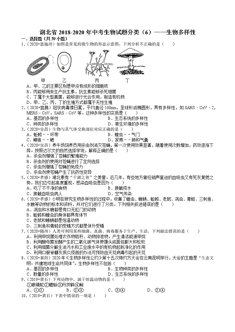 湖北省2018-2020年中考生物试题分类（6）——生物多样性(含解析)01