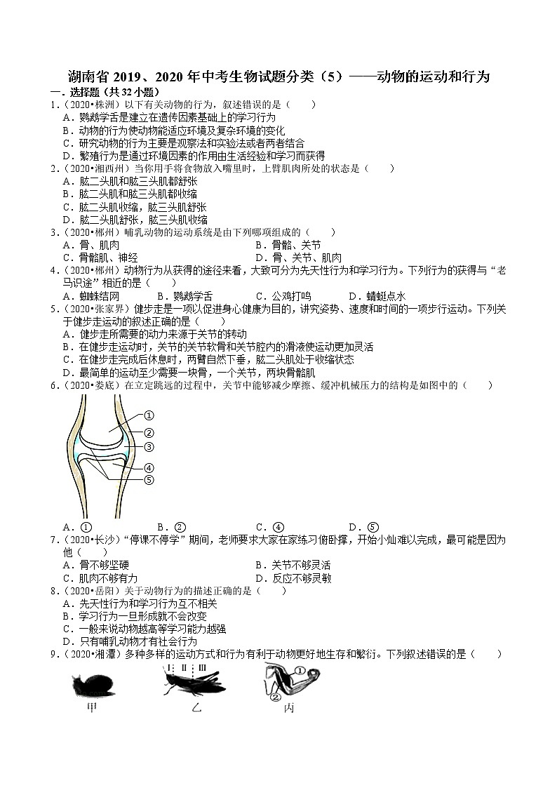 湖南省2019、2020年中考 （5）——动物的运动和行为(含解析) 试卷01
