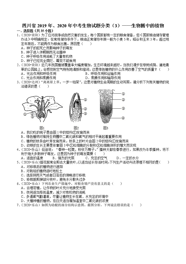 四川省2019年、2020年中考生物试题分类（3）——生物圈中的植物(含解析)01