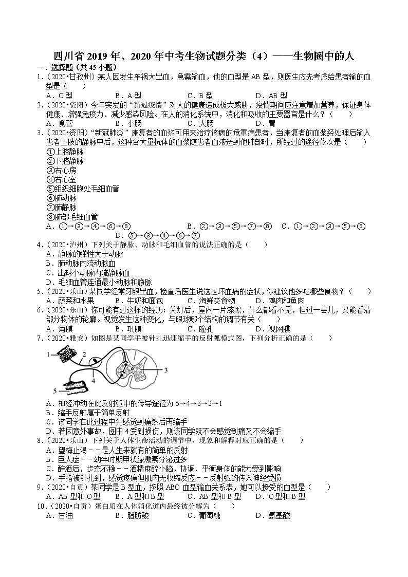 四川省2019年、2020年中考生物试题分类（4）——生物圈中的人(含解析)01