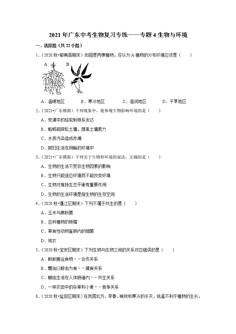 2021年广东中考生物复习专练——专题4生物与环境01