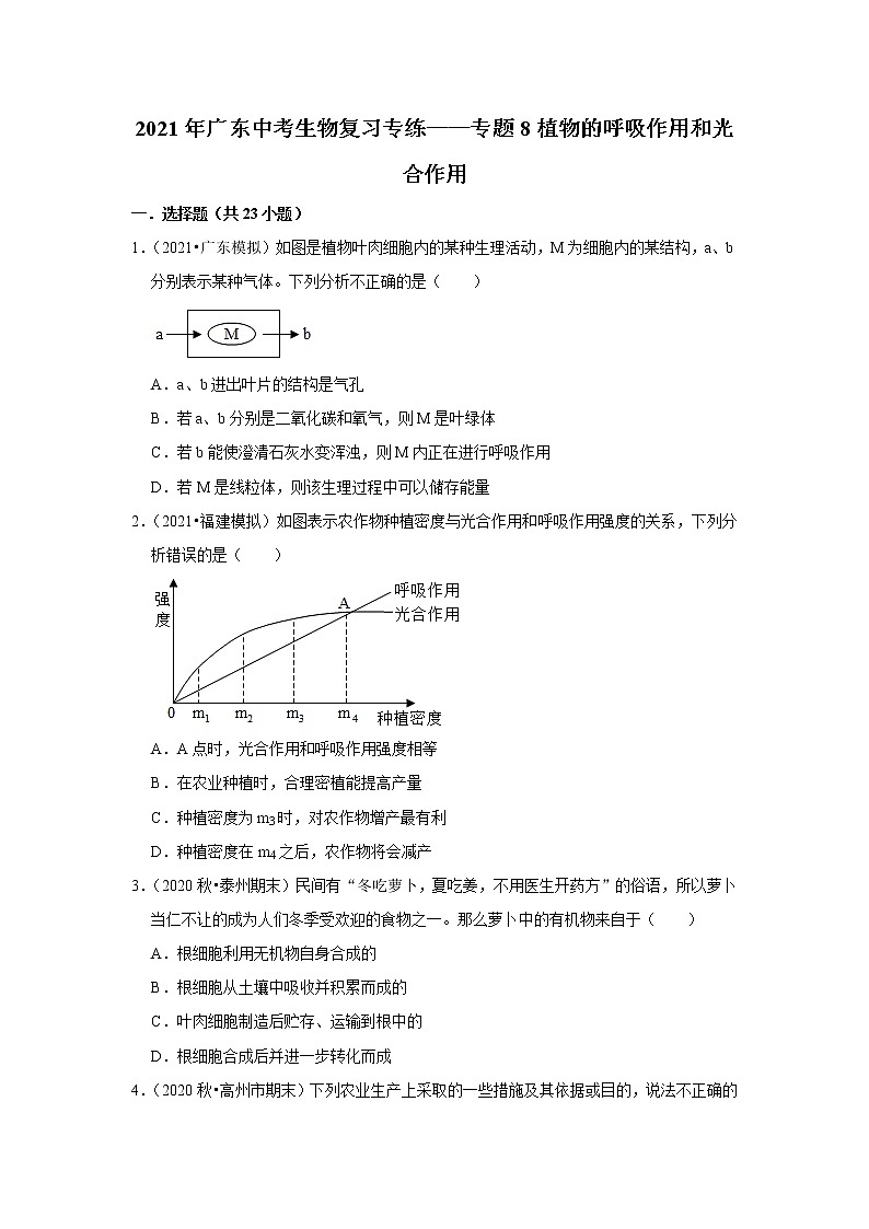 2021年广东中考生物复习专练——专题8植物的呼吸作用和光合作用01