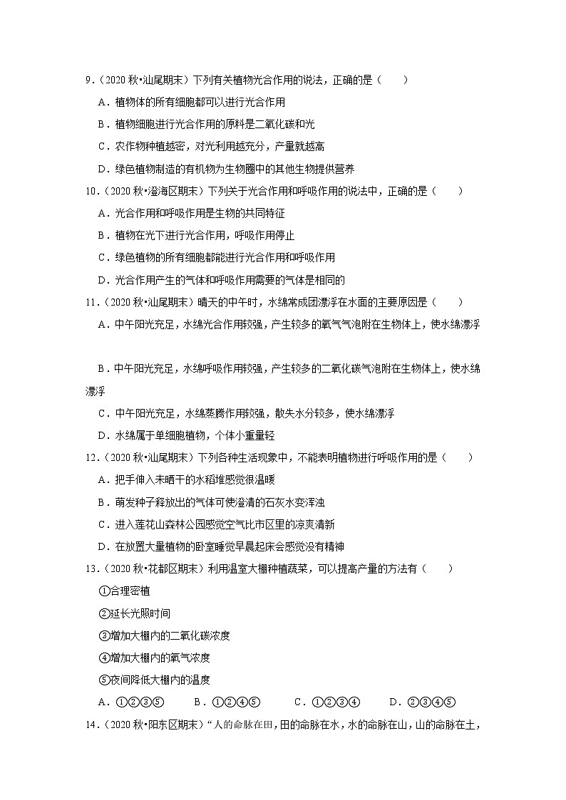 2021年广东中考生物复习专练——专题8植物的呼吸作用和光合作用03