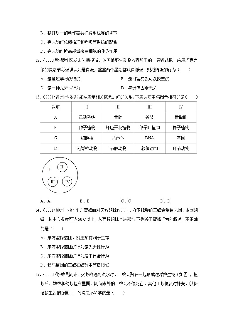 2021年湖南中考生物复习专练——专题13动物的运动和行为03