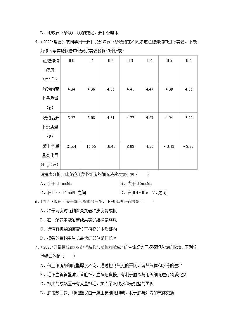 2021年湖南中考生物复习专练——专题7植物的水和盐运输02
