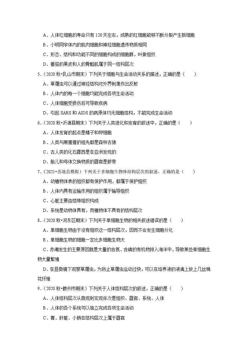 2021年山东中考生物复习专练——专题3生命体的结构层次02