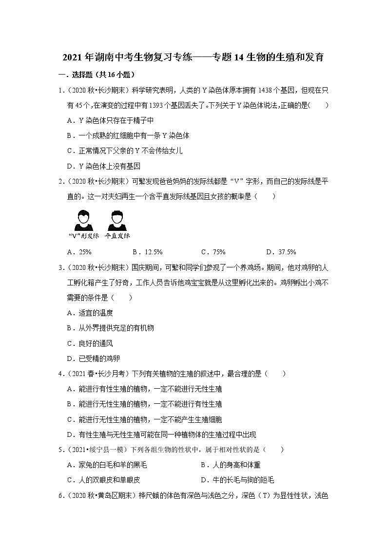 2021年湖南中考生物复习专练——专题14生物的生殖和发育01