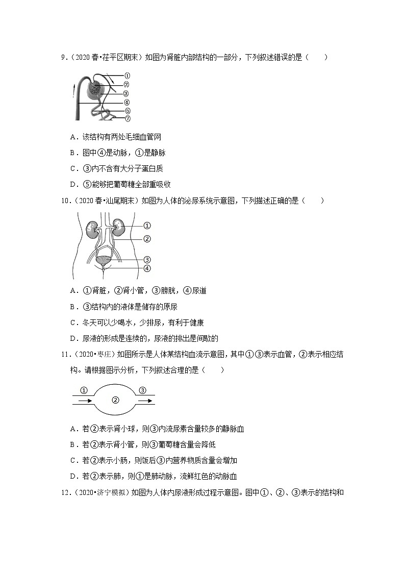 2021年山东中考生物复习专练——专题11人体的泌尿系统03