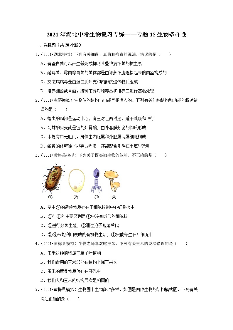 2021年湖北中考生物复习专练——专题15生物多样性01