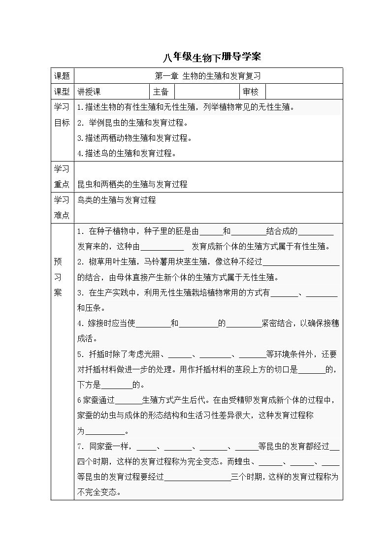 人教版八年级生物下册 第七单元第一章 生物的生殖和发育复习 导学案01