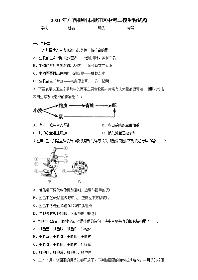 2021年广西柳州市柳江区中考二模生物试题（word版 含答案）01