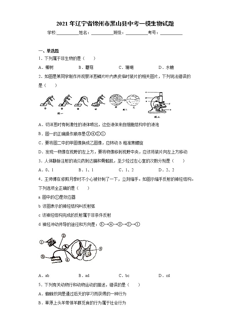 2021年辽宁省锦州市黑山县中考一模生物试题（word版 含答案）01