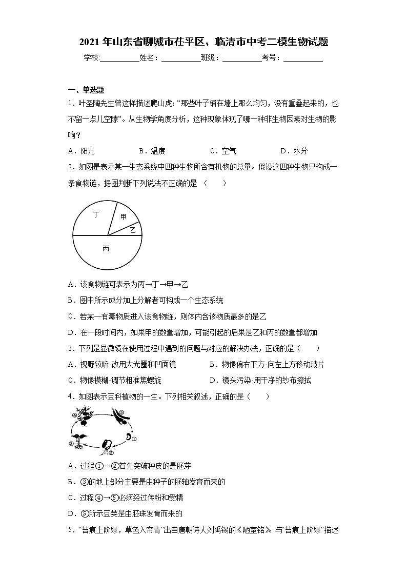 2021年山东省聊城市茌平区、临清市中考二模生物试题（word版 含答案）01