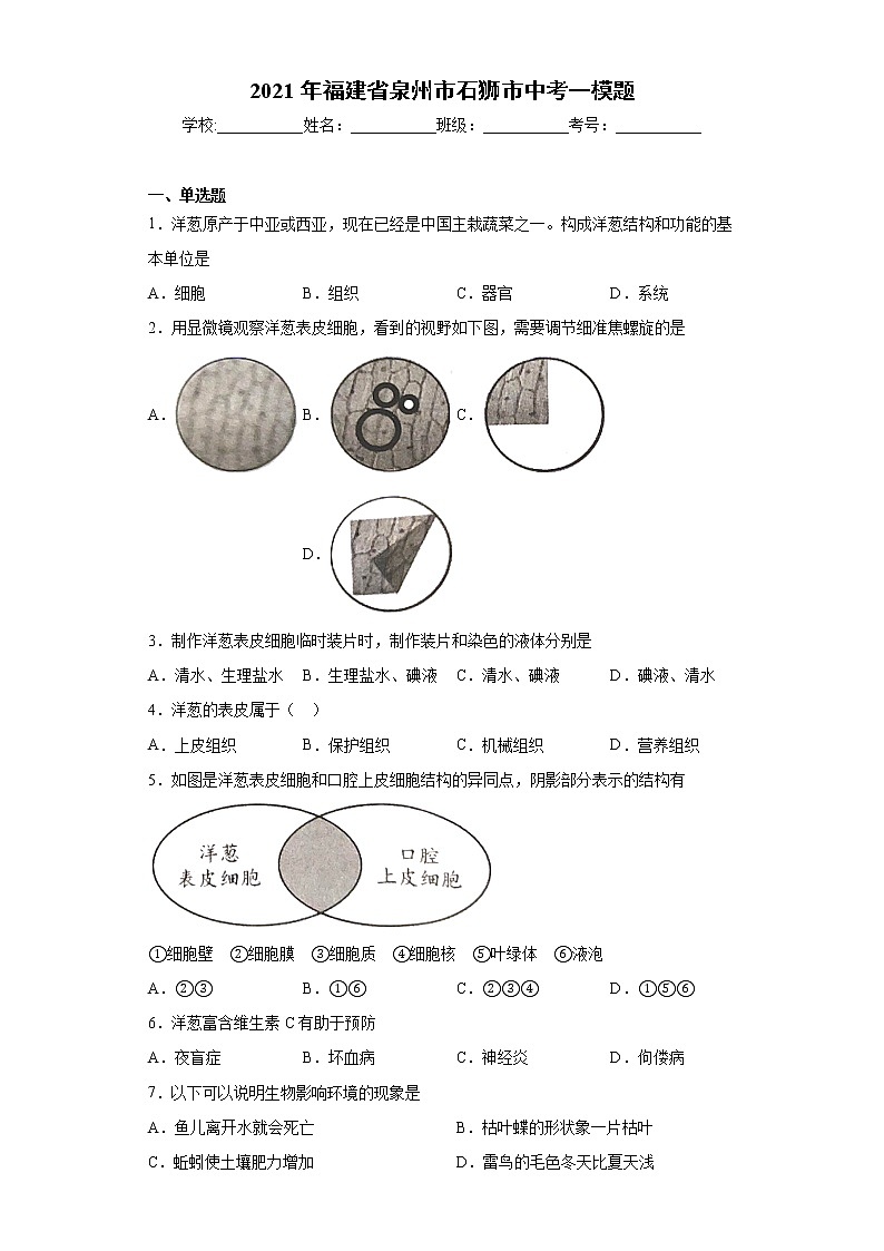 2021年福建省泉州市石狮市中考一模题（word版 含答案）01