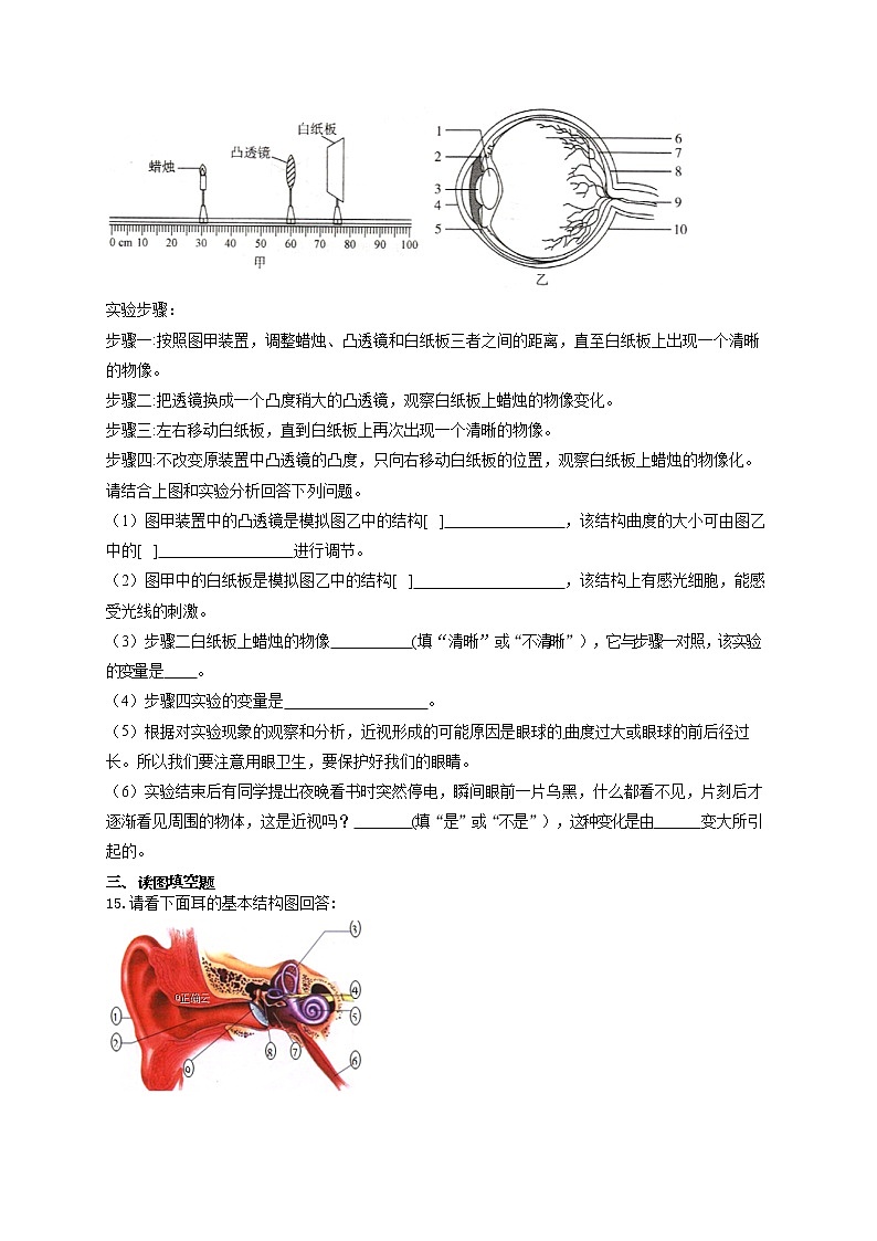 2021届中考生物总复习生物圈中的人考点强化 （6）视觉和听觉 试卷03