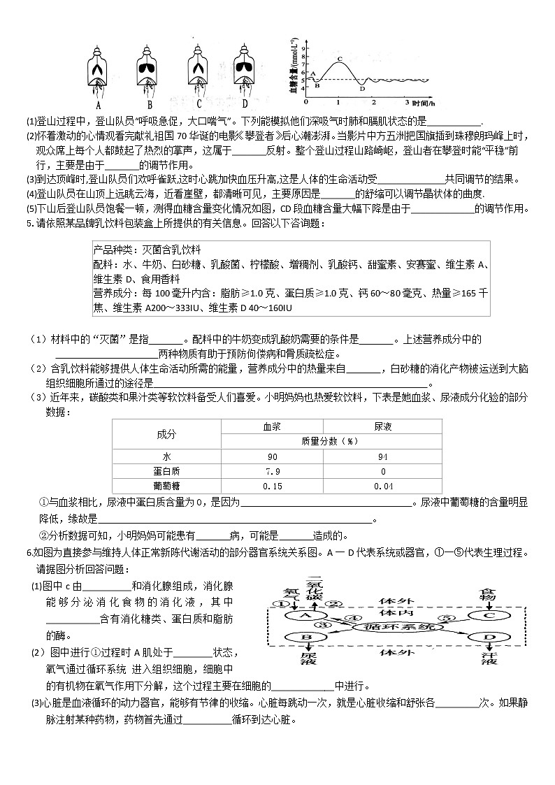 湖北省荆门市2021年生物中考专题复习《消化、呼吸、循环、泌尿和神经系统》大题提分训练（无答案）02
