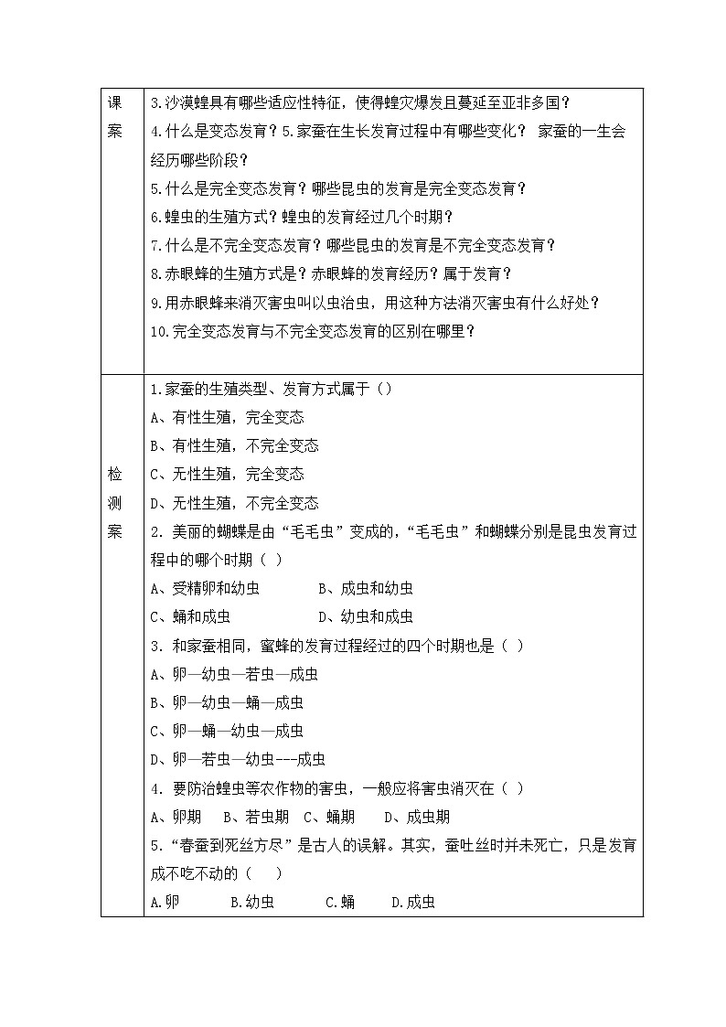 2020-2021学年人教版生物八年级下册 7.1.2 昆虫的生殖和发育导学案（无答案）02