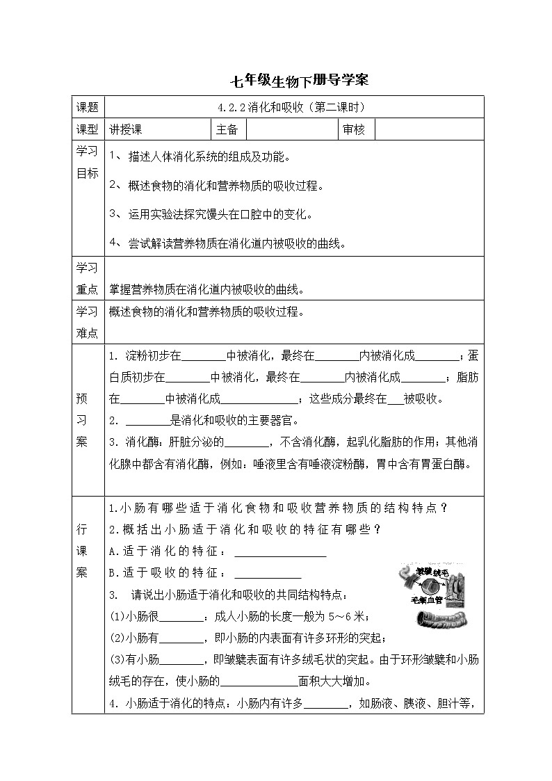 人教版七年级生物下册 4.2.2 消化和吸收（第二课时）   导学案第1页