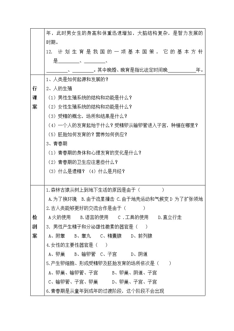 人教版七年级生物下册 第四单元第一章  人的由来  总复习学案02