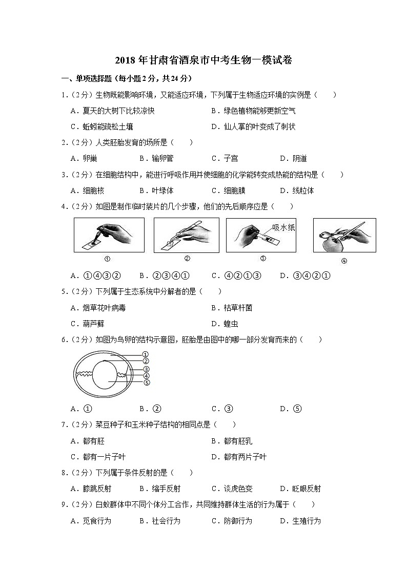 2020年甘肃省酒泉市中考生物一模试卷01