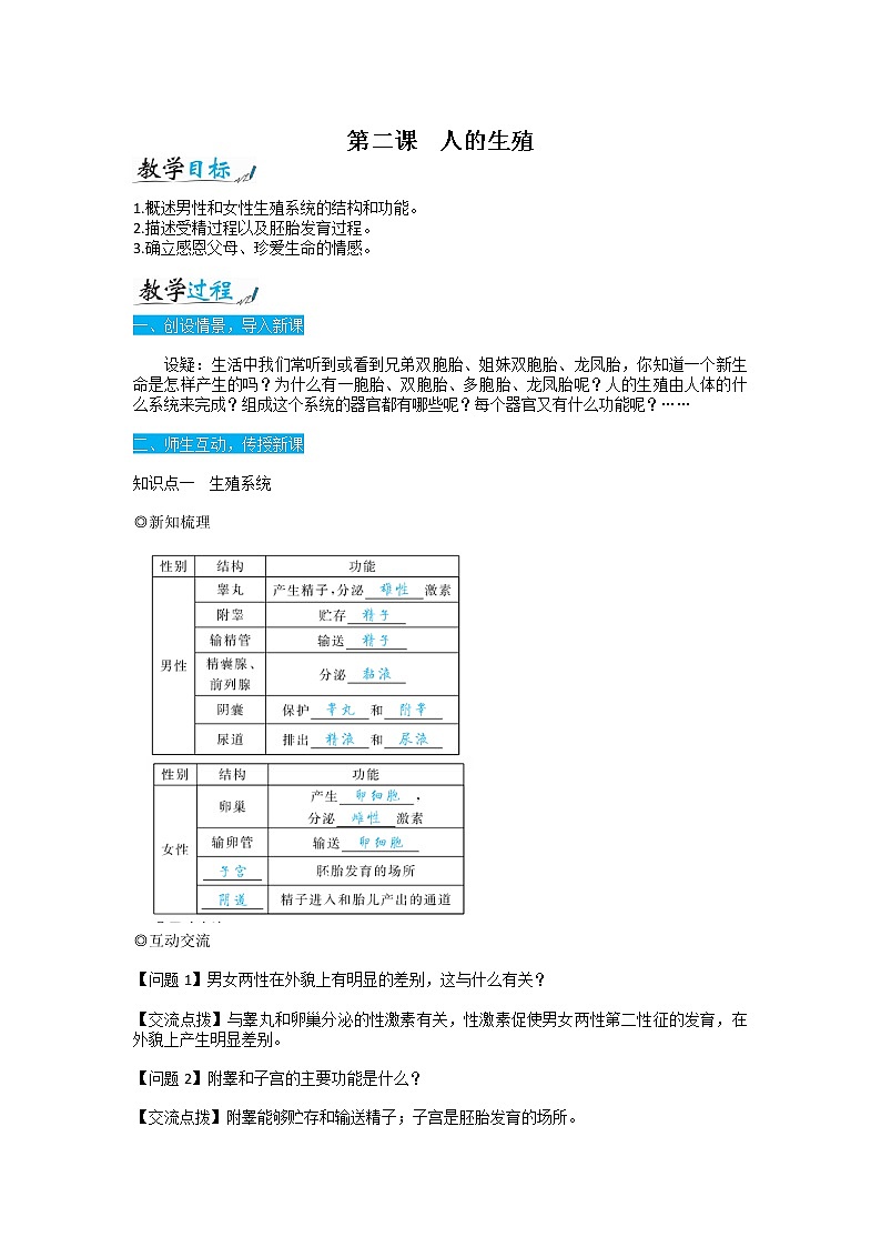 人教版七年级生物下册4.1.2《人的生殖》教案01