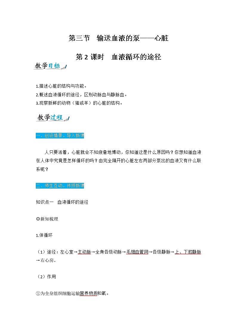 人教版七年级生物下册4.4.3《血液循环的途径》第2课时 教案01