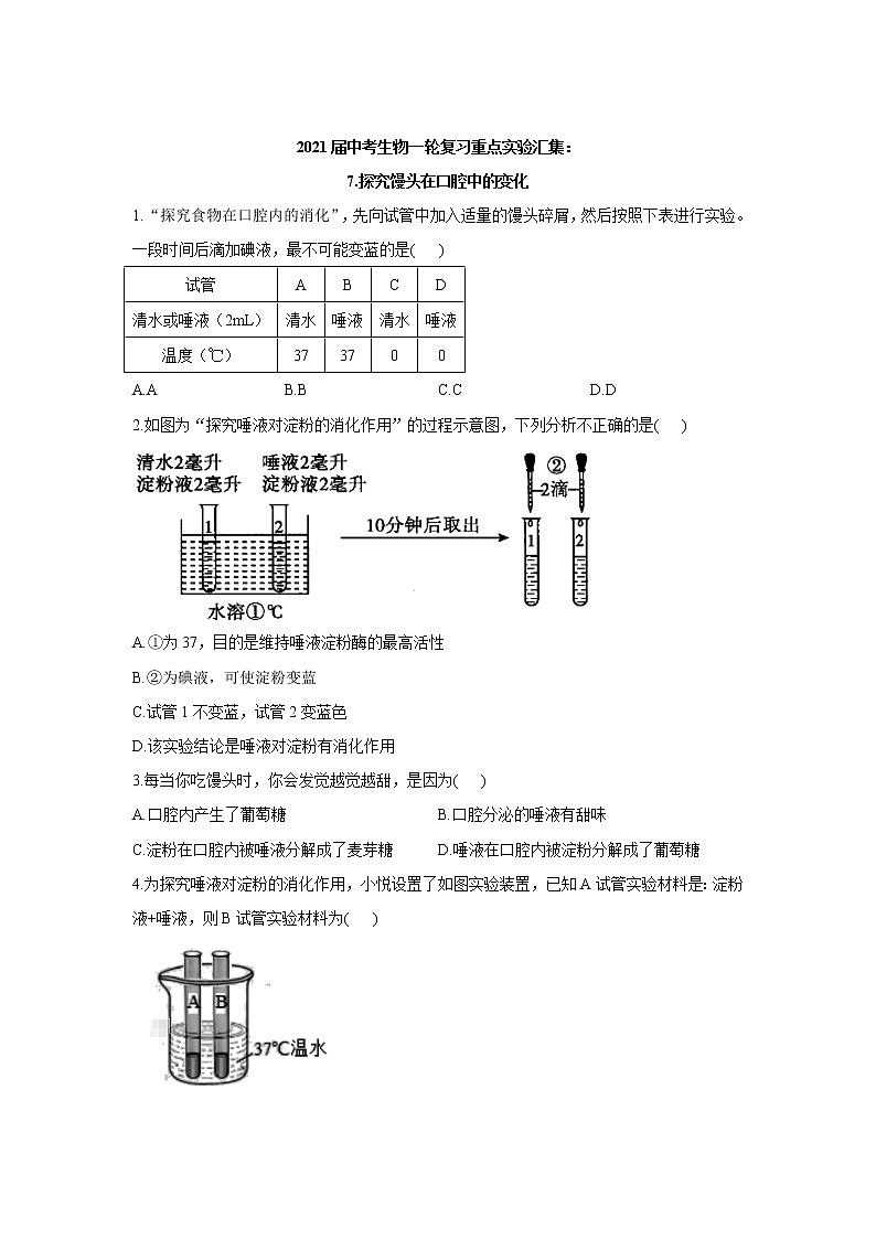 2021年中考生物一轮复习重点实验汇集：7.探究馒头在口腔中的变化 试卷01