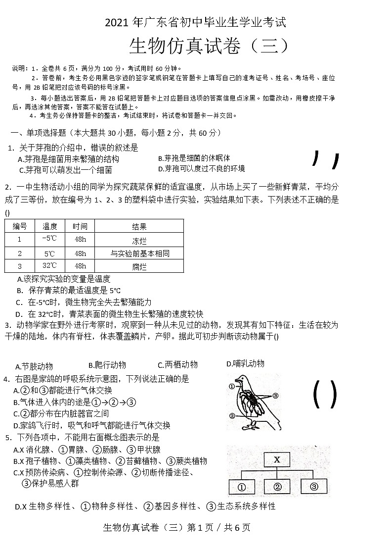 2021年广东省初中毕业生学业考试生物仿真试卷（三）01