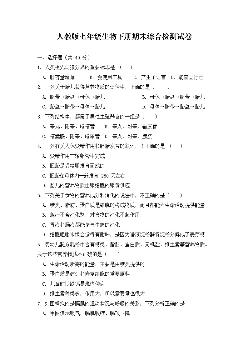 人教版七年级生物下册期末综合检测试题试卷及答案第1页