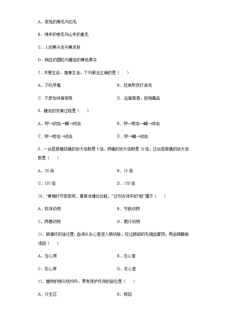 2020年黑龙江省绥化市中考生物试题02