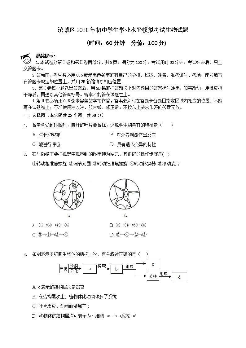 山东省滨州市滨城区2021年初中学生学业水平模拟考试生物试题（word版 含答案）01