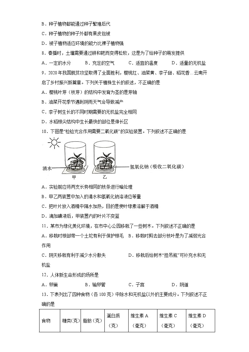 云南省2021年中考生物试题真题及答案（word版）02