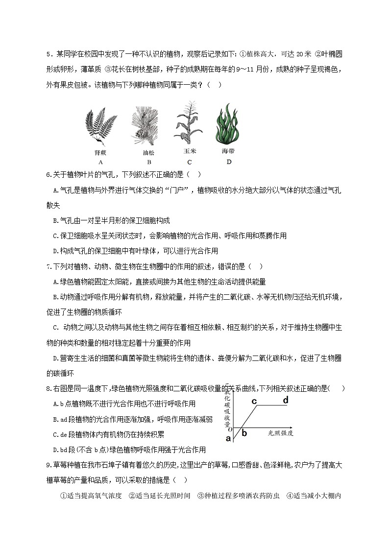 2020-2021学年山东省潍坊安丘市人教版生物七年级上学期期末考试试题（word版 含答案）02