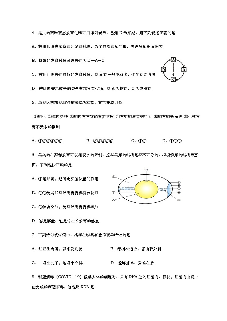 山东省烟台栖霞市（五四制）2020-2021学年八年级上学期期末考试生物试题（word版 含答案）02