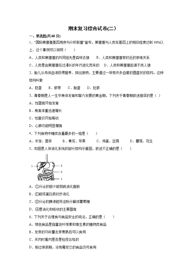 2020--2021学年人教版生物七年级下册 期末复习综合试卷二（word版 含答案）01