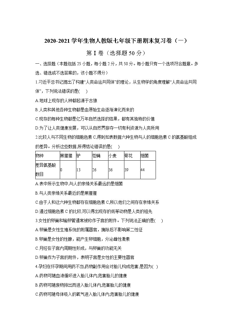 2020-2021学年人教版生物七年级下册期末复习卷（一）（word版 含答案）01