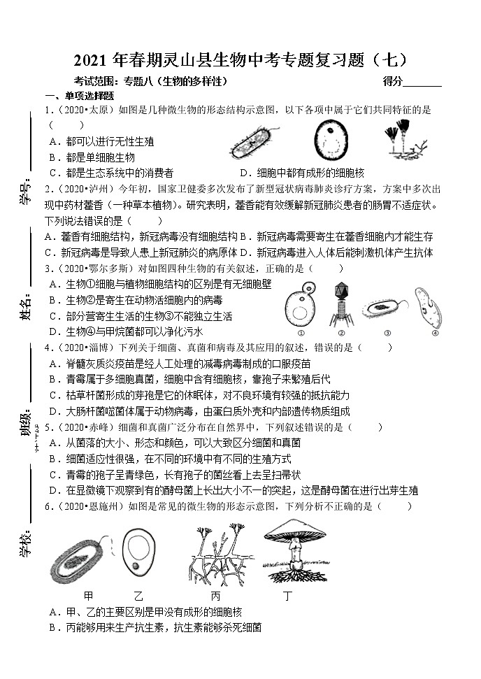 2021年广西灵山县八年级生物中考专题复习题七（word版 含答案）第1页