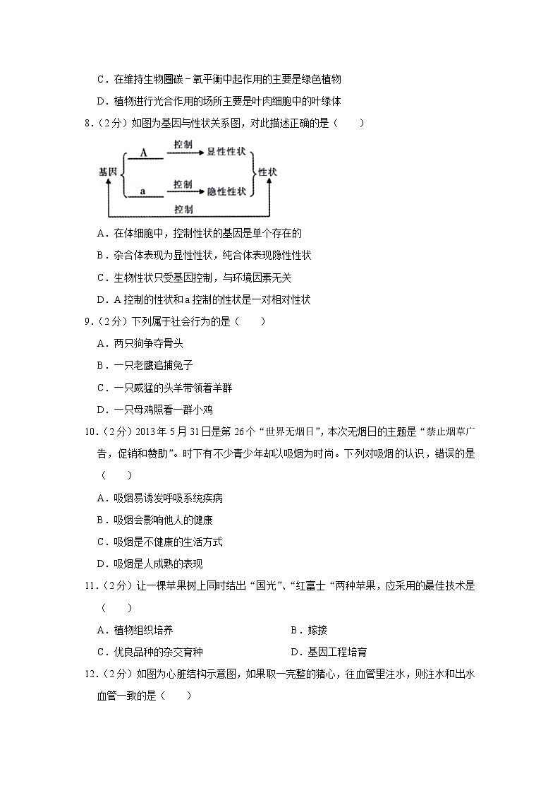 期末水平测试卷1 2020-2021学年八年级下学期生物期末水平考试试题（word版 含答案）02