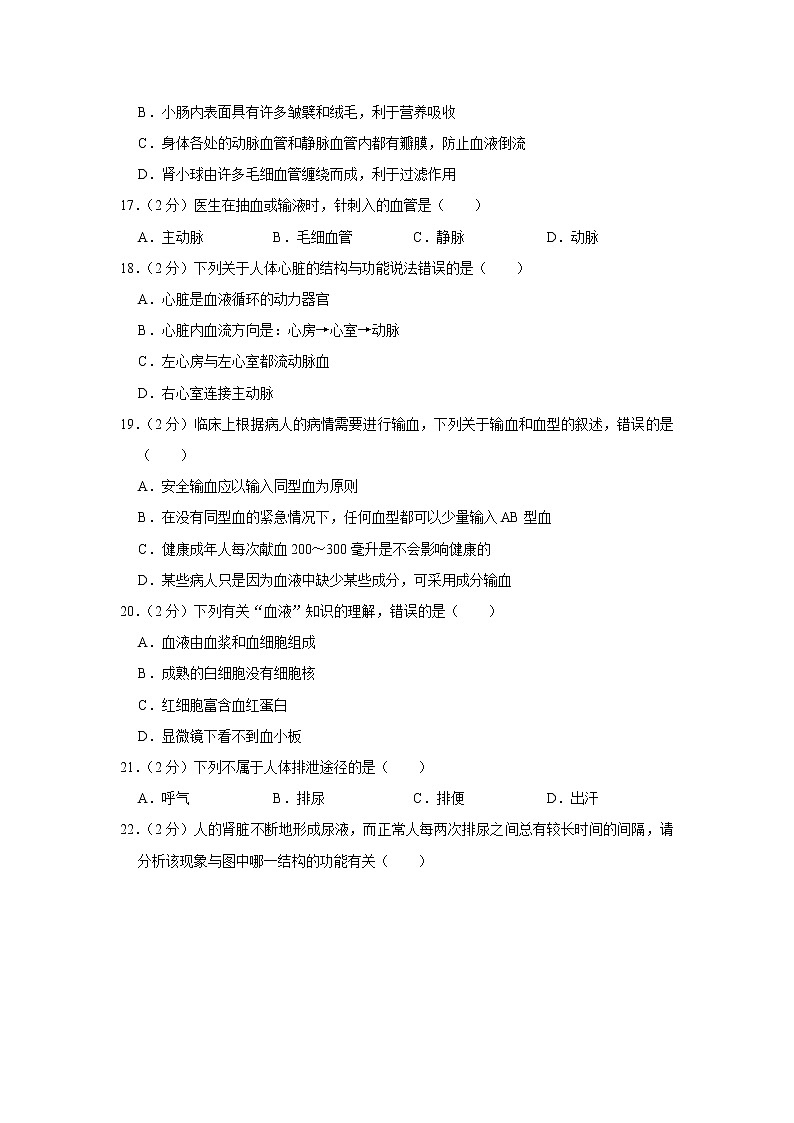期末水平测试卷4 2020-2021学年七年级下学期生物期末考试试题（word版 含答案）第3页