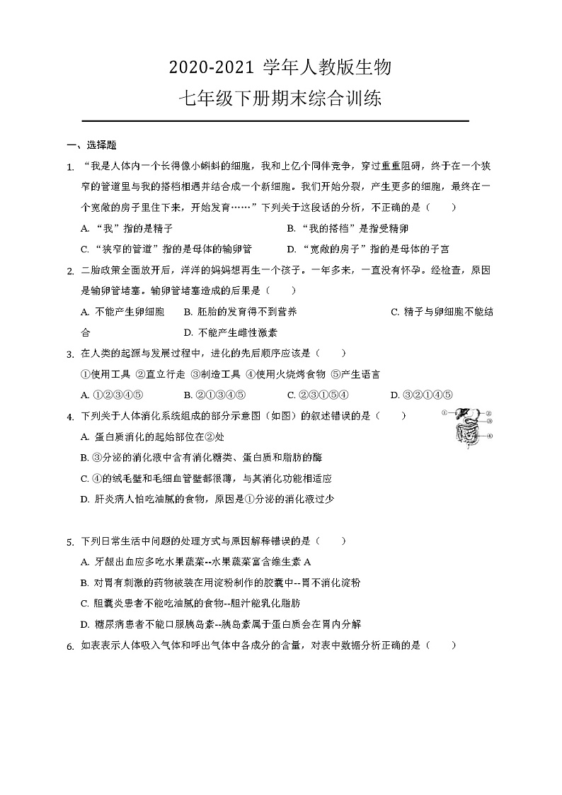 2020-2021学年人教版生物七年级下册期末综合训练 （word版 含答案）第1页