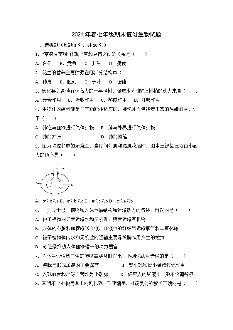 湖北省黄梅县2020-2021学年七年级下学期期末复习生物试题（word版 含答案）01
