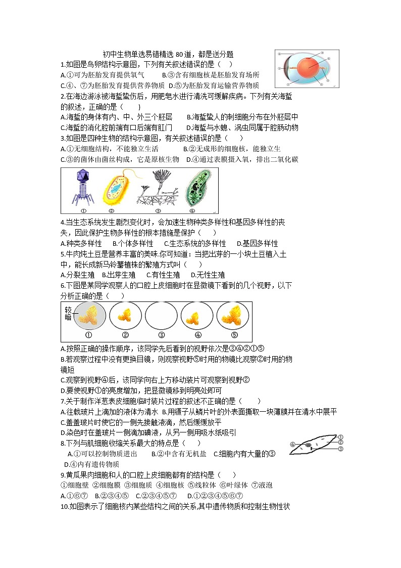 初中生物单选易错精选80道试题（含答案）01
