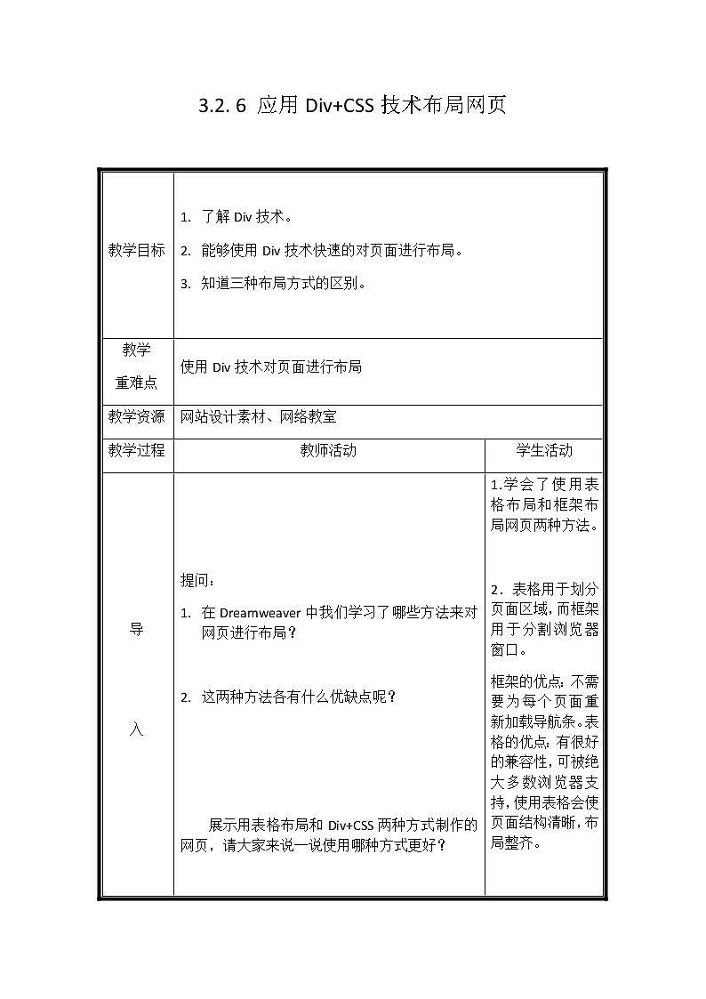 3.2.6 制作网站——应用Div+CSS技术布局网页 教案第1页