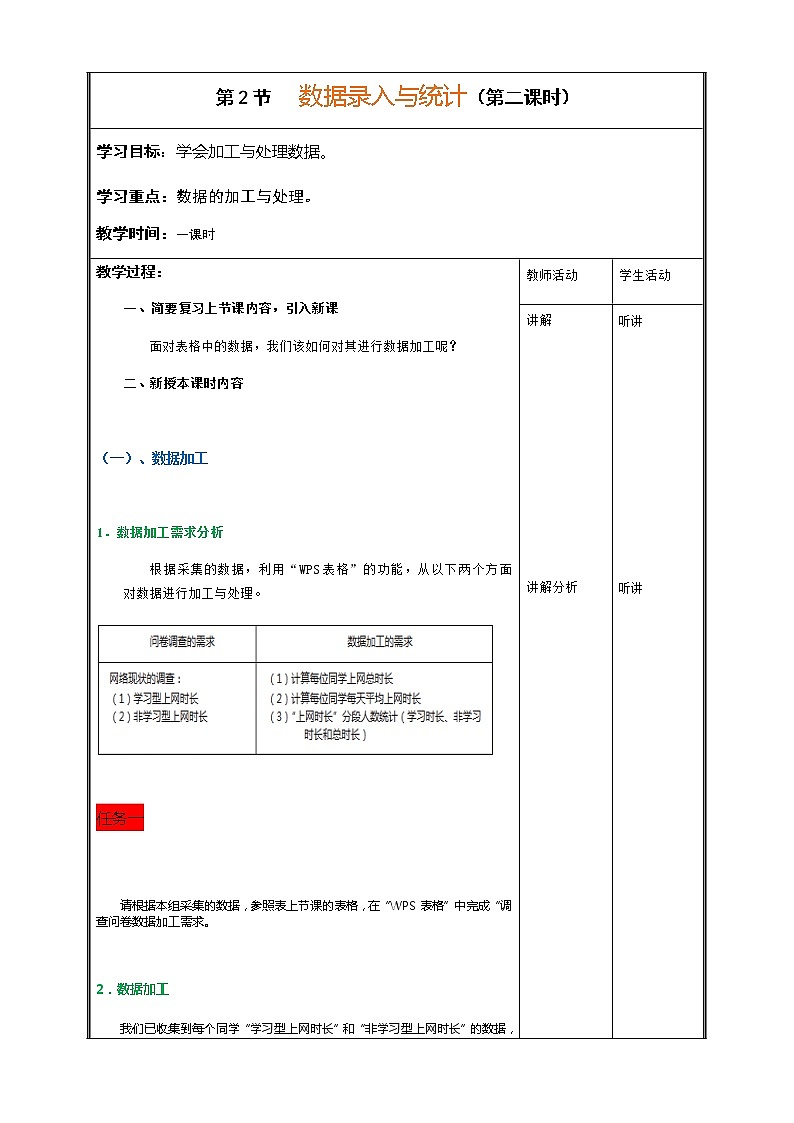 川教版（2019）七年级上册 信息技术 2.2 数据录入与统计 教案(2课时）01